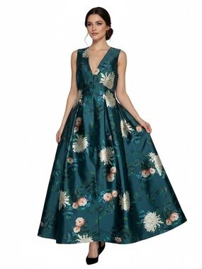 Sachin + Babi Teal Floral Jacquard Maxi Dress with Cream and Blush Blooms